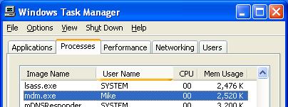 英文版Windows XP系統中正在運行的mdm.exe進程