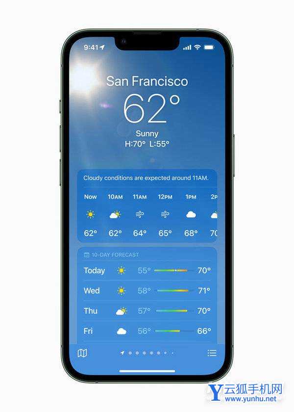 在 iPhone 13 Pro 上展示天氣 App 的天氣預報功能。